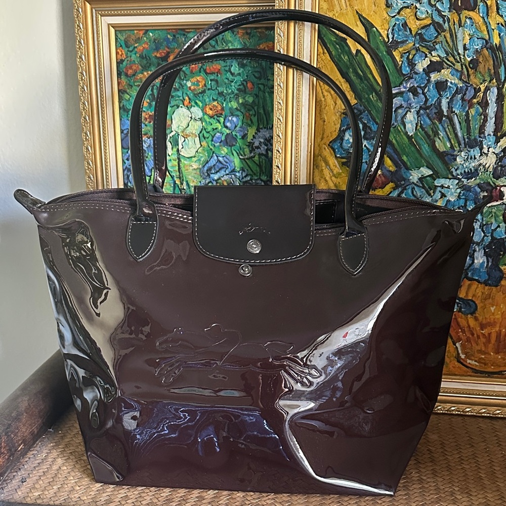 Longchamp maroon Patent Leather shoulder Tote Bag - Picture 2 of 8